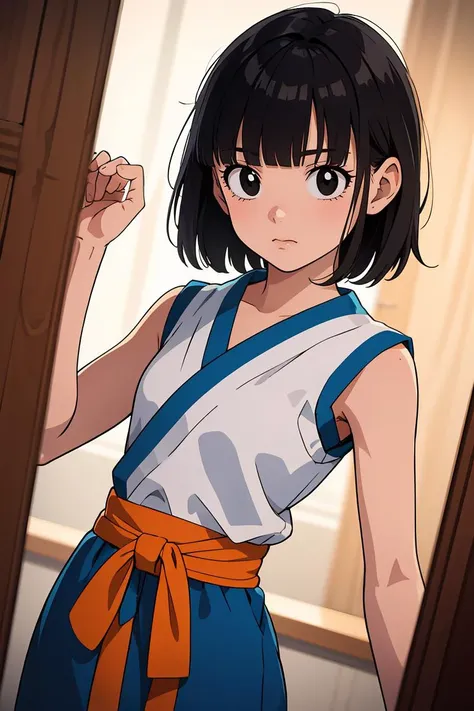 (masterpiece, best quality), 1girl, <lora:DBGT_Pan_Gi_v1:0.8> pan, 1girl, solo, black eyes, black hair, short hair, blunt bangs,, orange dougi, blue sash, sleeveless,