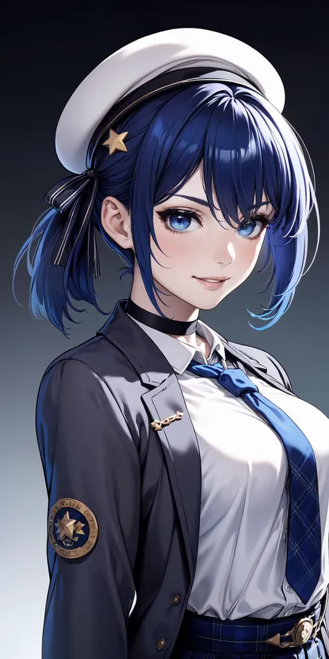 <lora:Dandonfuga - Style[MockAi - v1.0]:0.9>, dandonfuga, realistic, glossy, smooth shading, 
1girl, hoshimachi suisei, solo, plaid headwear, blue hair, blue eyes, beret, hat, virtual youtuber, blue belt, grey headwear, smile, plaid, blue choker, belt, side ponytail, plaid jacket, looking at viewer, choker, buttons, double-breasted, hair between eyes, medium hair, grey jacket, blue ribbon, ribbon, grin, symbol in eye, jacket, upper body, star \(symbol\), bangs, long sleeves, hair ribbon, shirt, collared shirt, blue bow, star in eye, breasts, sidelocks, blue necktie, blue ascot, necktie, white shirt, bow, ascot, small breasts, plaid skirt, short necktie, star choker, crown, asymmetrical hair, grey skirt, dress
