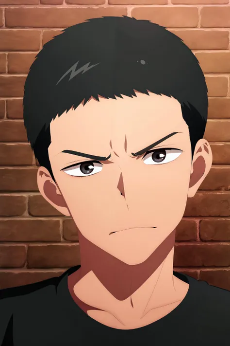 masterpiece, best quality, junta_hayami, 1boy, portrait, looking at viewer, (head tilt), (brick wall), black hair, very short hair, grey eyes, (black t-shirt), angry,