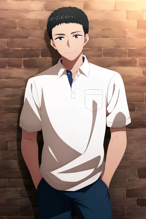 masterpiece, best quality, junta_hayami, 1boy, portrait, looking at viewer, hands in pockets, (brick wall), black hair, very short hair, grey eyes, smile, white polo shirt, (blue pants),