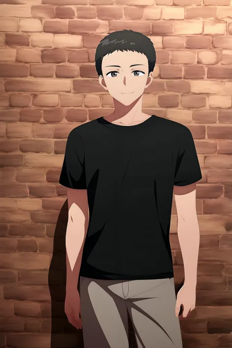 masterpiece, best quality, junta_hayami, 1boy, cowboy shot, standing, looking at viewer, (brick wall), black hair, very short hair, grey eyes, happy, light smile, (black t-shirt), grey pants,