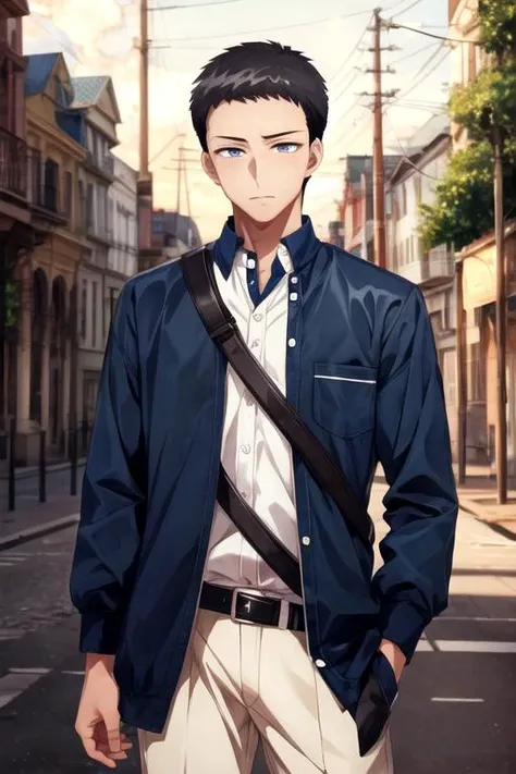 masterpiece, best quality, , 1boy, solo, male focus, looking at viewer, , , anime coloring, , <lora:junta_hayami:0.72>, junta_hayami, black hair, grey eyes, french costume, zoo, HDR