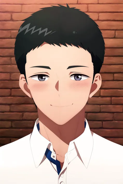 masterpiece, best quality, junta_hayami, 1boy, portrait, looking at viewer, (brick wall), black hair, very short hair, grey eyes, white polo shirt, nervous smile, light blush,