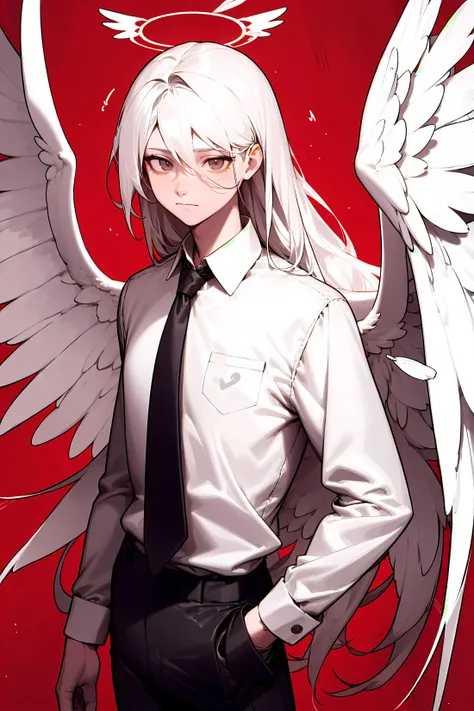 solo, wings, 1boy, halo, white eyes, long hair, collared shirt, feathered wings, red background, angel wings, spot color, looking away, monochrome, angel, simple background, suit, white wings, white hair, black necktie, white shirt, greyscale, closed mouth, depth of field, <lora:KTF_01:1>