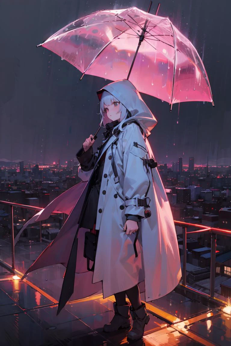 1girl, ite, boots, long coat, white hair, hood up, cityscape background, night, neon, rain