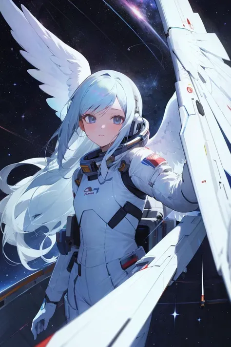 1girl, angel, aboard spaceship, in space, cosmos