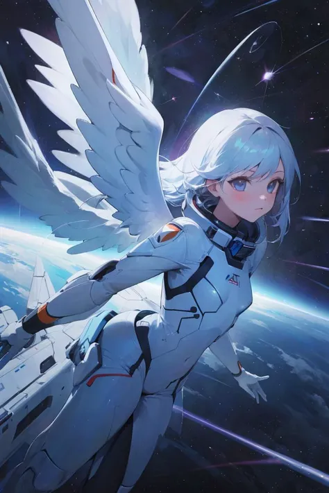1girl, angel, aboard spaceship, in space, cosmos