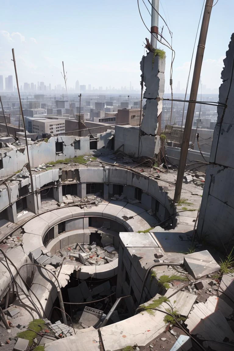 the ruins of a bombed city, smoldering crater, exposed wires