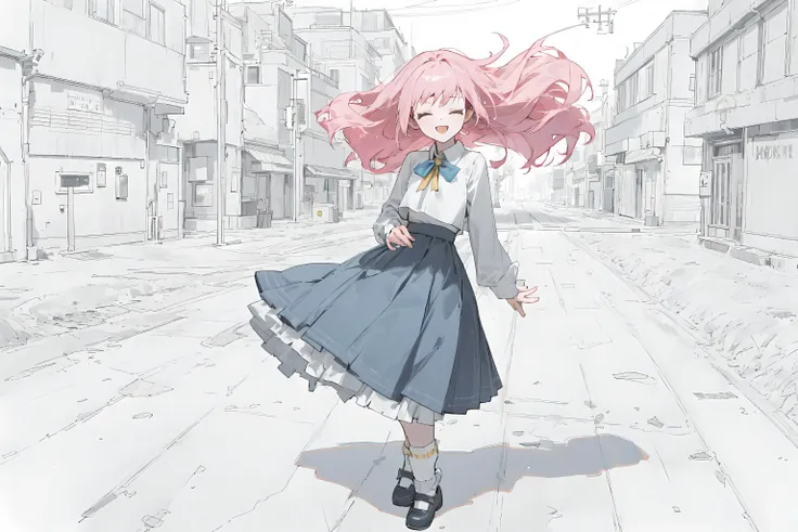 masterpiece, best quality, hyper quality, insane details, intricate details, hyperdetailed, ultra detailed,
(Isometric:1.3),masterpiece,best quality,highres (((1GIRL))), bare hands, pink hair,long hair, smiling, black eyes,Smile happily and open your mouth, (Hands behind your back), Close eyes,(yellow|blue skirt:1.3), Long dress, Standing in the street,At a distance, Look back at the audience, Turn your head to hold hands, (white socks:1.5),black shot, (lineart),
((Middle of the street)),Urban center,[Surrounded by colorful blocks of color],