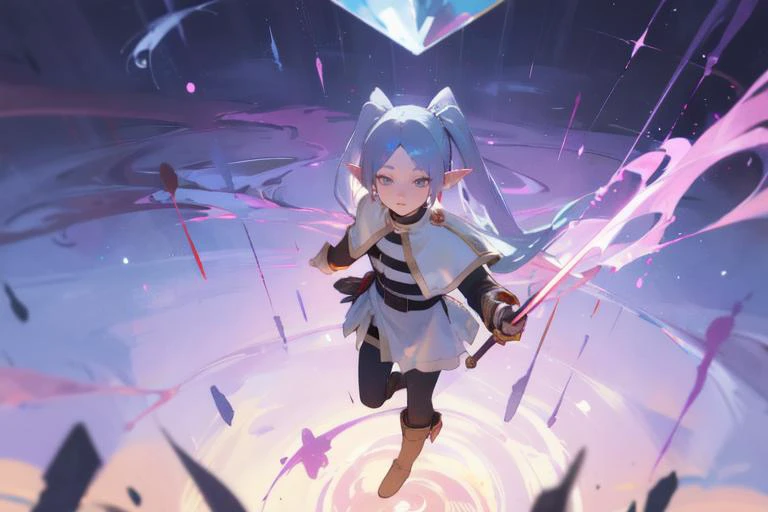 (photorealistic:1.2),best quality, masterpiece, from above, Fish-eye lens,
FRIEREN, LONG HAIR, POINTY EARS, TWINTAILS, JEWELRY, ELF, EARRINGS, WHITE CAPELET, LONG SLEEVES, black pantyhose,PARTED BANGS, DRESS, BELT,holding a massive magic wand,brown leather boots,magical effects,
In a realm between dimensions, the hero encounters the Ethereal Nexus of Elemental Echoes. Floating islands of elemental energy shift and meld, creating a kaleidoscope of magical phenomena. Guarding the nexus is the Elemental Warden, a being who channels the primal forces of earth, fire, air, and water to maintain the balance of magic.
<lora:flat2:0.7> <lora:dtl11-cnlight:-0.7> <lora:frieren:1>