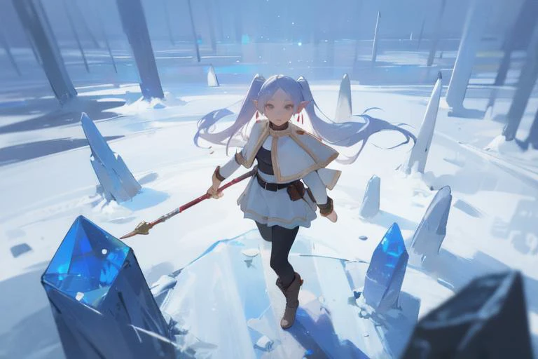 (photorealistic:1.2),best quality, masterpiece, from above, Fish-eye lens,
FRIEREN, LONG HAIR, POINTY EARS, TWINTAILS, JEWELRY, ELF, EARRINGS, WHITE CAPELET, LONG SLEEVES, black pantyhose,PARTED BANGS, DRESS, BELT,holding a massive magic wand,brown leather boots,magical effects,
Beneath the Northern Lights, the hero journeys to the Mystic Citadel of Everlasting Frost. Towering ice spires are adorned with shimmering runes, and the air crackles with frozen enchantments. Deep within the citadel lies the Frost Lich, an ancient sorcerer who commands the power of eternal winter.
<lora:flat2:0.7> <lora:dtl11-cnlight:-0.7> <lora:frieren:1>