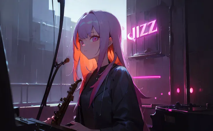 (masterpiece, best_qualiity, highres, absurdres), illustration, official art,
(HDR:1.0), 1 girl, highly detailed hair, multicoloured hair, night, neon sign backlight, cinematic lighting, looking to the viewer, side lighting, complex hairstyle, Depth of field, rain outside window, moody, inside jazz club, music instruments,