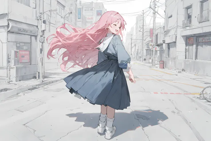 masterpiece, best quality, hyper quality, insane details, intricate details, hyperdetailed, ultra detailed,
(Isometric:1.3),masterpiece,best quality,highres (((1GIRL))), bare hands, pink hair,long hair, smiling, black eyes,Smile happily and open your mouth, (Hands behind your back), Close eyes,(yellow|blue skirt:1.3), Long dress, Standing in the street,At a distance, Look back at the audience, Turn your head to hold hands, (white socks:1.5),black shot, (lineart),
((Middle of the street)),Urban center,[Surrounded by colorful blocks of color],