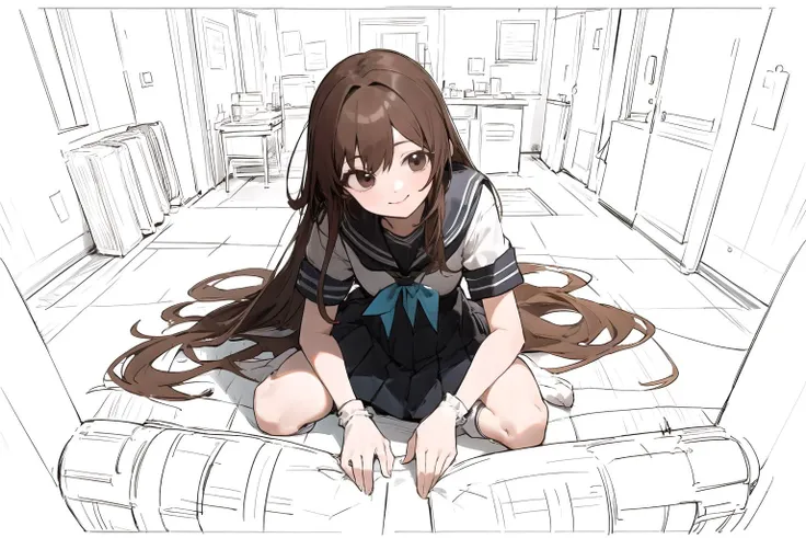 masterpiece, best quality, hyper quality, insane details, intricate details, hyperdetailed, ultra detailed,
(Isometric:1.3),masterpiece,best quality,highres (((1GIRL))), bare hands, black|brown hair, looking at another, very long hair, smiling, mouth closed, naughty smile,black eyes, (white:1.3|blue school uniform, sailor dress, serafuku), (white socks:1.5), (lineart)
Untidy room,