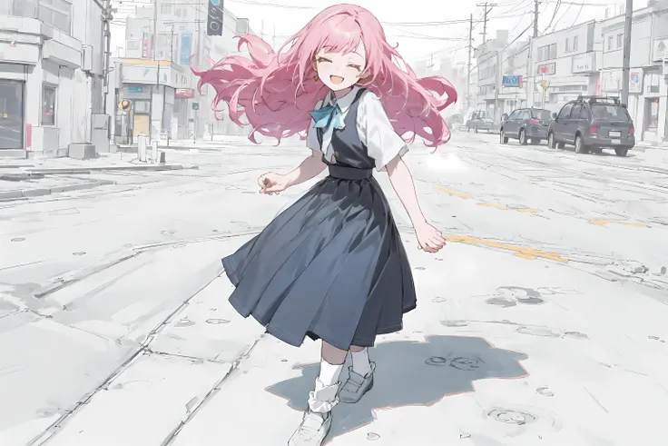 masterpiece, best quality, hyper quality, insane details, intricate details, hyperdetailed, ultra detailed,
(Isometric:1.3),masterpiece,best quality,highres (((1GIRL))), bare hands, pink hair,long hair, smiling, black eyes,Smile happily and open your mouth,Close eyes,(yellow|blue skirt:1.3), Long dress, Standing in the street,At a distance, Look back at the audience, Turn your head to hold hands, (white socks:1.5),black shot, (lineart),
((Middle of the street)),Urban center,[Surrounded by colorful blocks of color],