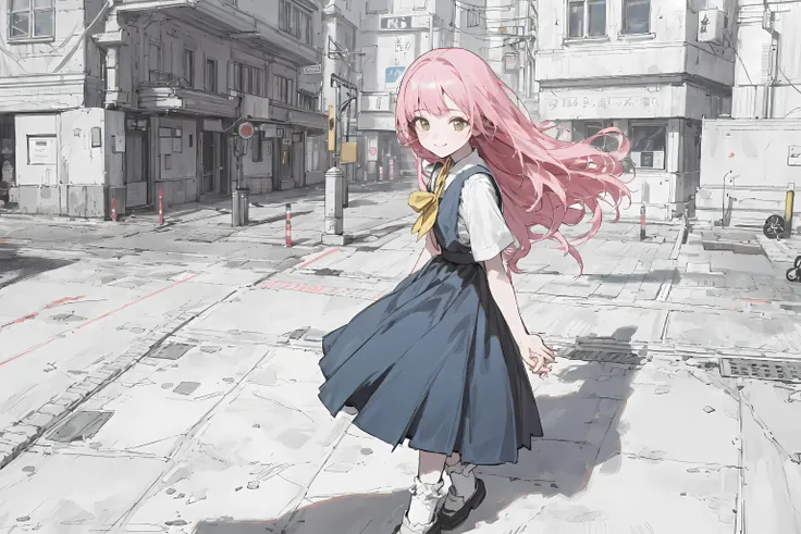 masterpiece, best quality, hyper quality, insane details, intricate details, hyperdetailed, ultra detailed,
(Isometric:1.3),masterpiece,best quality,highres (((1GIRL))), bare hands, pink hair,long hair, smiling, mouth closed,  black eyes,(yellow|blue skirt:1.3), Long dress, Standing in the street,At a distance, Look back at the audience, Turn your head to hold hands, (white socks:1.5),black shot, (lineart),
((Middle of the street)),Urban center,[Surrounded by colorful blocks of color],