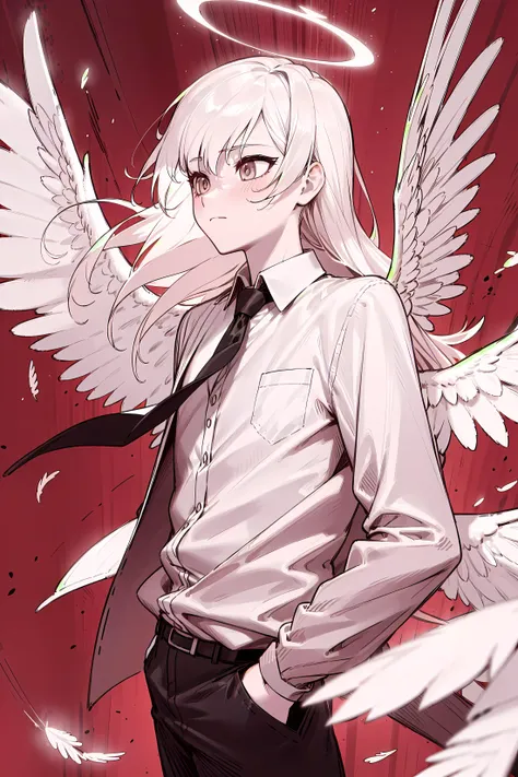 solo, wings, 1boy, halo, white eyes, long hair, collared shirt, feathered wings, red background, angel wings, spot color, looking away, monochrome, angel, simple background, suit, white wings, white hair, black necktie, white shirt, greyscale, closed mouth, depth of field, <lora:KTF_01:-0.9>, mature, <lora:KTF_10:1.0>