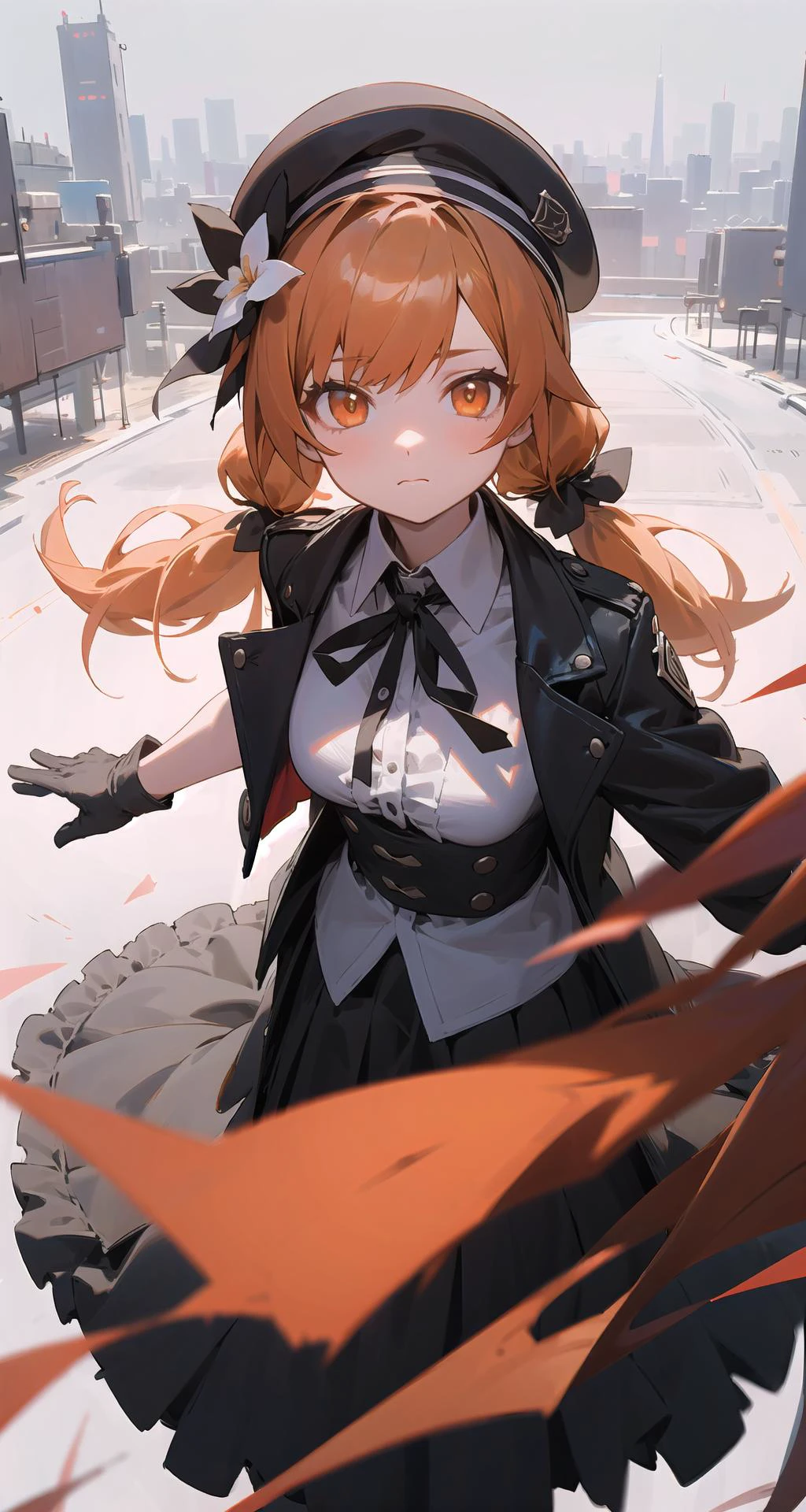 cowboy shot, 1girl, solo, orange hair, beret, white background, orange eyes, black gloves, shirt, looking at viewer, frills, white shirt, low twintails, black jacket, neck ribbon, hair flower, closed mouth, long hair, black skirt, bokeh, city, outdoors, from above