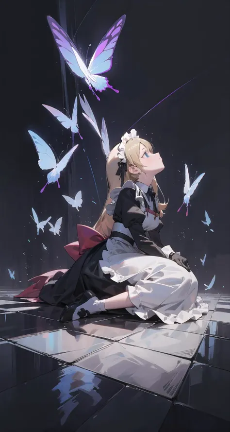 1girl, solo, blonde hair, harness, maid headdress, blue eyes, maid, juliet sleeves, long sleeves, long hair, sitting, yokozuwari, arm support, full body, puffy sleeves, maid apron, from side, looking up, black dress, black gloves, frilled apron, closed mouth, black tile
BREAK
butterfly, black background, wide shot