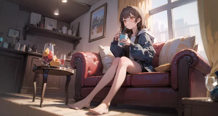 (masterpiece, best quality), from below, 1girl, solo, bare legs, brown hair, building, city, closed mouth, couch, day, drinking glass, food, fruit, holding cup, hooded jacket, indoors, kitchen, living room, long hair, long sleeves, looking away, on couch, open jacket, orange eyes, shirt, sitting, table, window, depth of field, blurry foreground, ultra detailed