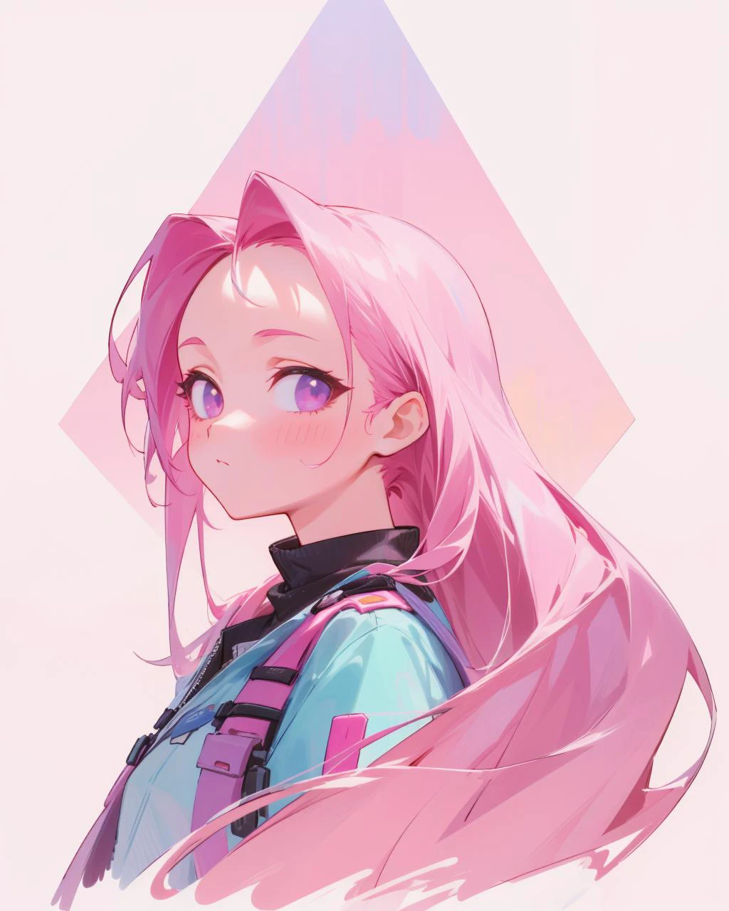 (masterpiece:1.0), (highest quality:1.12), (HDR:1.0), a girl with long hair looking at viewer, with a tan background and a pink sky, constant, vaporwave colors, a character portrait, synchronization