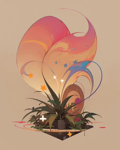 (masterpiece:1.0), (highest quality:1.12), (HDR:1.0), flat color, high contrast, time stop, merging colors, gradient, flat icon, toon, 1girl, hair ornament, 90's, (plants), professional, abstract shape background, pattern, spunk, retro, (electric, wave:0.9), style, (tan skin), magenta, yellow