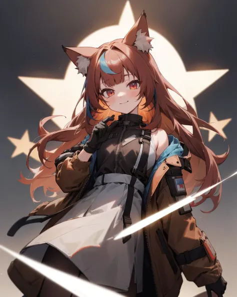 (masterpiece:1.1), (highest quality:1.1), (HDR:1.3), (real focus:1.2), an anime girl with long brown hair and a marroon jacket with a cat ears on her head, official art, 1girl, animal ear fluff, bangs, black shirt, blurry, blurry_background, depth_of_field, gloves, jacket, jewelry, long_hair, long_sleeves, looking_at_viewer, multicolored_hair, open_jacket, pale hair, shoulder_strap, smile, jacket, neon volumetric lighting