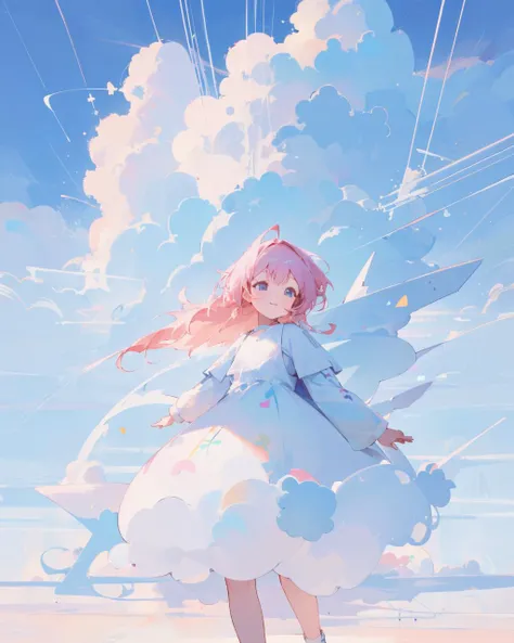 (masterpiece:1.1), (highest quality:1.1), (HDR:1.0), movie still, 1girl, floating in the sky, cloud girl, cloud, (close-up:1.1), bright, happy, fun, soft lighting, (pattern, shapes, lines, abstract:1.2)
