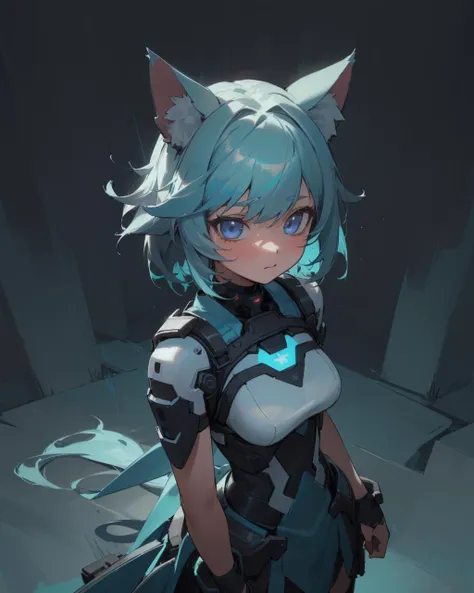 (masterpiece:1.1), (highest quality:1.1), (HDR:1.0), negative space, black background, (ultra-detailed, immaculate:1.3), epic, illustration, 1girl, (resourceful:1.3) cute catgirl, [:costume design:0.2], official art, dramatic aqua lighting from above, in a wonderful, African megacity, messy hair, glowing teal hair, slanted cut, on side