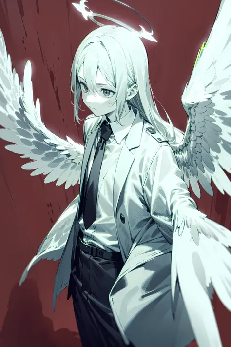 solo, wings, 1boy, halo, white eyes, long hair, collared shirt, feathered wings, red background, angel wings, spot color, looking away, monochrome, angel, simple background, suit, white wings, white hair, black necktie, white shirt, greyscale, closed mouth, depth of field, <lora:KTF_01:-0.9>, mature