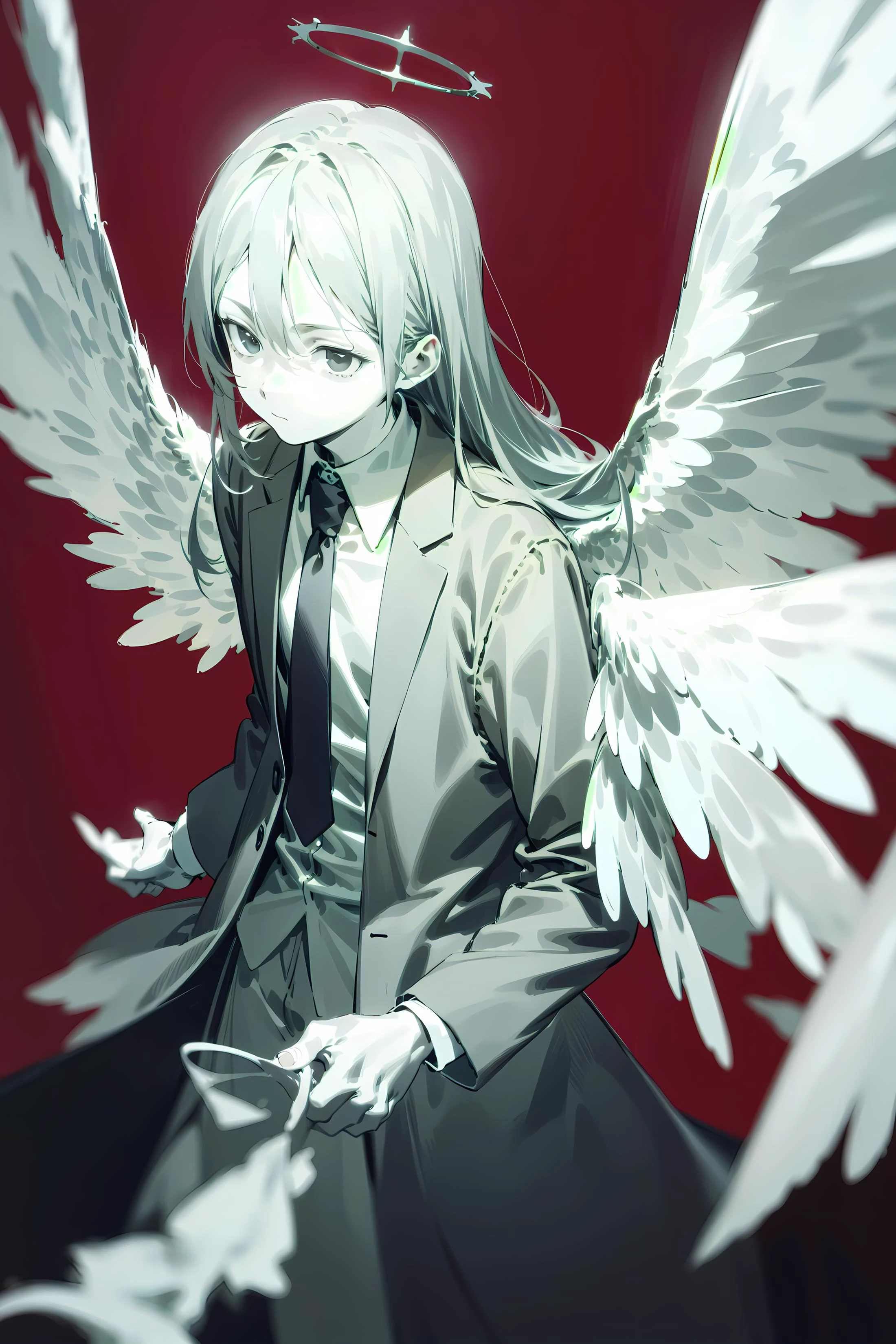 solo, wings, 1boy, halo, white eyes, long hair, collared shirt, feathered wings, red background, angel wings, spot color, looking away, monochrome, angel, simple background, suit, white wings, white hair, black necktie, white shirt, greyscale, closed mouth, depth of field, <lora:KTF_10:-0.9>, mature