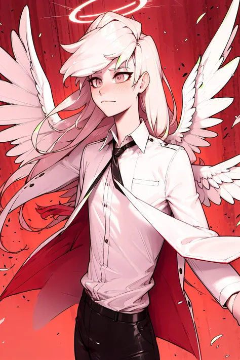 solo, wings, 1boy, halo, white eyes, long hair, collared shirt, feathered wings, red background, angel wings, spot color, looking away, monochrome, angel, simple background, suit, white wings, white hair, black necktie, white shirt, greyscale, closed mouth, depth of field, <lora:KTF_10:1>