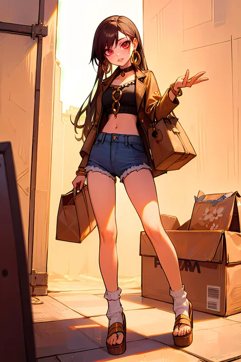 masterpiece, best quality, Ray tracing, hdr, 1girl, futanari, solo, golden hoop earrings, choker, Wedge Sandals, Floral-print Ankle Socks, Paperbag Waist Shorts, Cropped Denim Jacket, <lora:KTFv2_01:1.0>