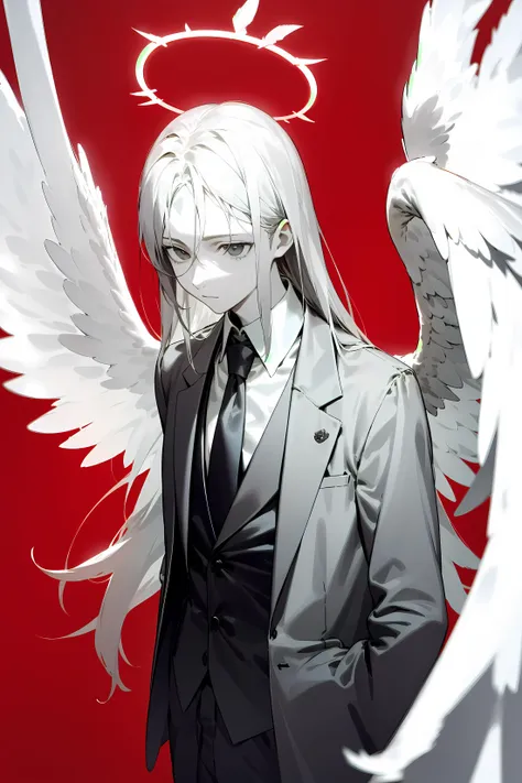 solo, wings, 1boy, halo, white eyes, long hair, collared shirt, feathered wings, red background, angel wings, spot color, looking away, monochrome, angel, simple background, suit, white wings, white hair, black necktie, white shirt, greyscale, closed mouth, depth of field, <lora:KTF_10:-0.9>, mature, <lora:KTF_01:1.0>