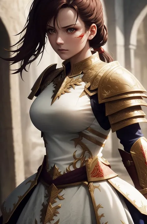 close-up, a female warrior, intense look, strong, confident, enraged, fantastic armor, ornament, (battle scars:0.9), pale, 35 yo, light, ((glowy skin)), looking at camera, (fit body:1.0), white blouse, high ponytail, masterpiece, high quality