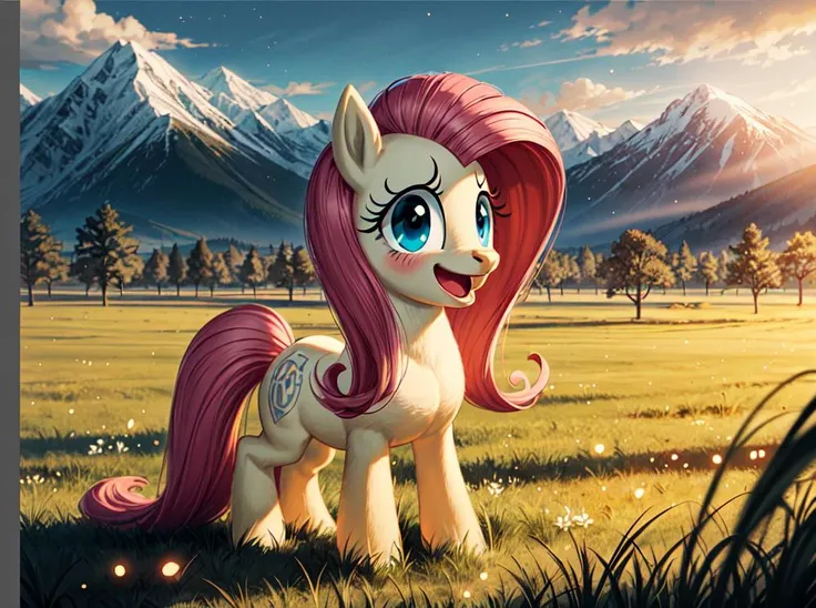 Solo:1.3, (full body), (pony_flutty), cute,
vivid colors, cinematic hard lighting, realistic shadows, detailed textures, dynamic lighting,
detailed eyes, symmetrical face,
blushing, (happy:1.2), large ((blue eyes):1.1), (glowing eyes),
field of grass, vast mountains in the distance,
<lora:add_detail:1>
<lora:flutty:0.4>