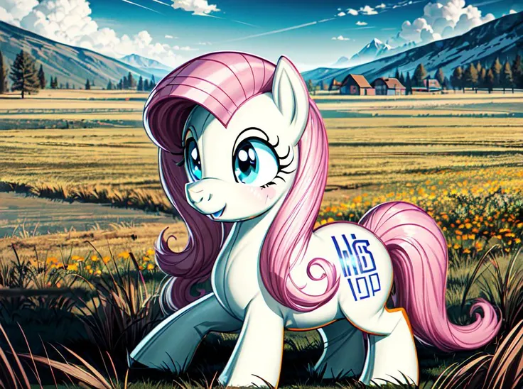 Solo:1.3, (full body), (pony_flutty), cute,
vivid colors, cinematic hard lighting, realistic shadows, detailed textures, dynamic lighting, cgi,
detailed eyes, symmetrical face,
puffy face, smile, blushing, (happy:1.2), large ((blue eyes):1.1), (glowing eyes),
field of grass, vast mountains in the distance,
<lora:add_detail:1>
<lora:flutty:0.4>