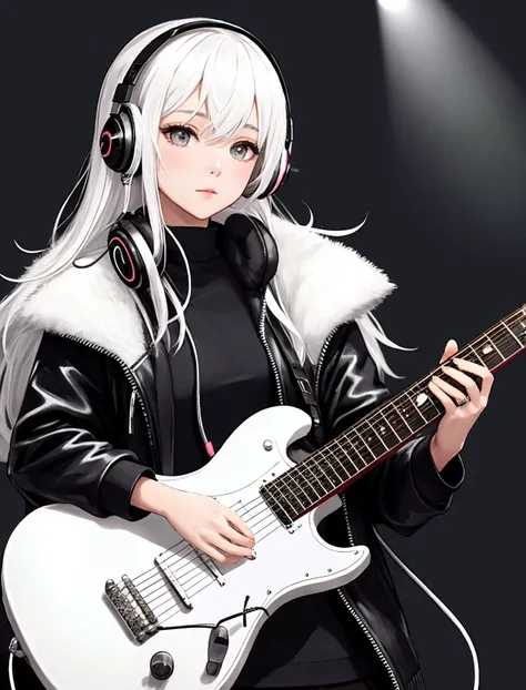 Portrait of Girl in headphones,Looking at the camera,White hair,Microphone,Black jacket,Guitar,