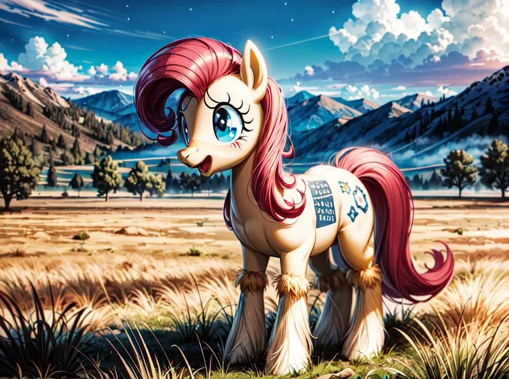 Solo:1.3, (full body), (pony_flutty), cute,
vivid colors, cinematic hard lighting, realistic shadows, detailed textures, dynamic lighting, cgi,
detailed eyes, symmetrical face,
puffy face, smile, blushing, (happy:1.2), large ((blue eyes):1.1), (glowing eyes),
field of grass, vast mountains in the distance,
<lora:add_detail:1>
<lora:flutty:0.4>