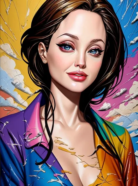 brushstroke painting technique, palette knife painting, (samdoesart style:0.9), (Lisa Frank style:0.8), solo (Angelina Jolie:1.2), embankment, clouds, smile, closeup,