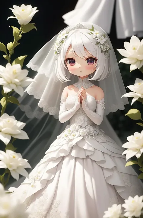 white flower wedding, ((best quality)), ((masterpiece)), ( extreme detailed, highest detailed, official art, beautiful and aesthetic:1.2), depth of field, composition, FULL BODY, (CHIBI),, (beautiful and detailed eye:1) crowded background, elegant