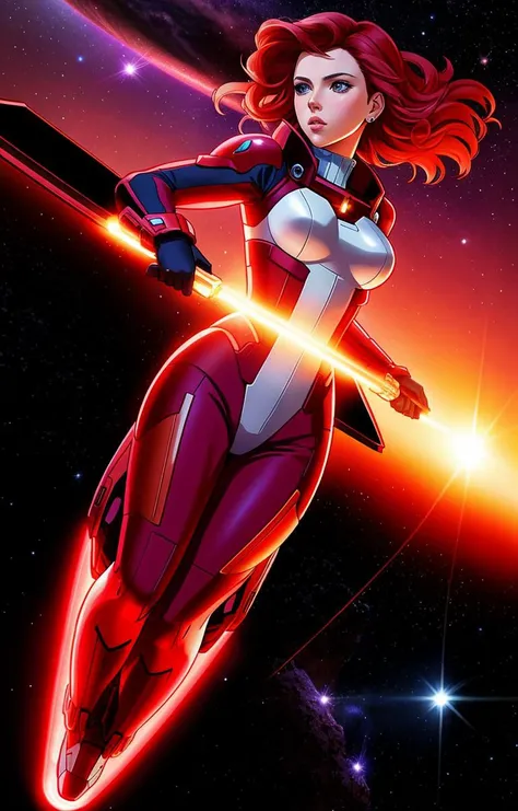 Scarlett Johansson, full body, close up,
a space cowboy riding a sleek spaceship through an asteroid field, with a striking sunset or sunrise in the background
art by Toshihiro Kawamoto