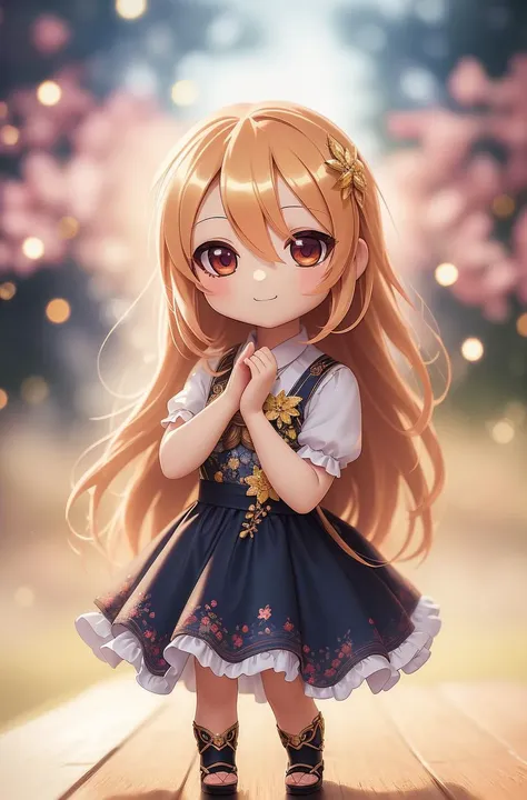 ((best quality)), ((masterpiece)), ( extreme detailed, highest detailed, official art, beautiful and aesthetic:1.2), depth, composition 
FULL BODY, (CHIBI:1.5), Cute, (beautiful and detailed eye:1) , smilling, bokeh, bloom, blurred background , fairy, angel, (full body:1.5), photography, cinematic lighting, golden ratio