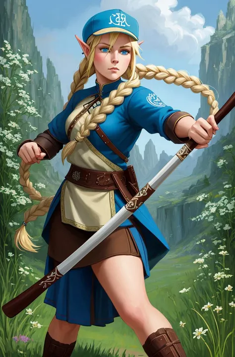 a digital painting of a woman holding a baseball bat, teenage viking shieldmaiden, two long braids blue, illustration - n 9, by Konstantin Vasilyev, avatar with a blond hair, battleground background, humanoid flora, archers, art in the style of disney, orc, (intricate details:1.12)