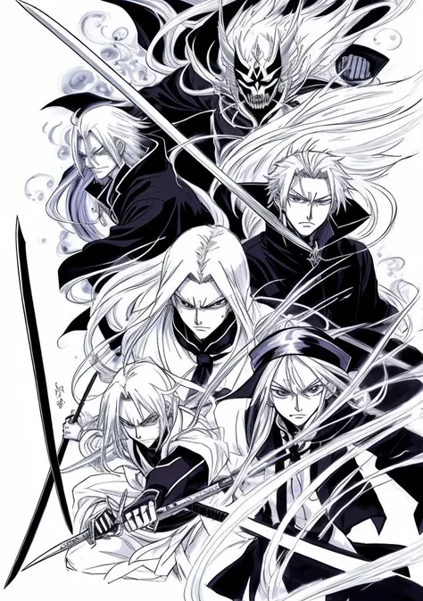 oldman, full body, close up,
Sketch a team of soul reapers wielding otherworldly swords against menacing spirit
art by Tite Kubo style