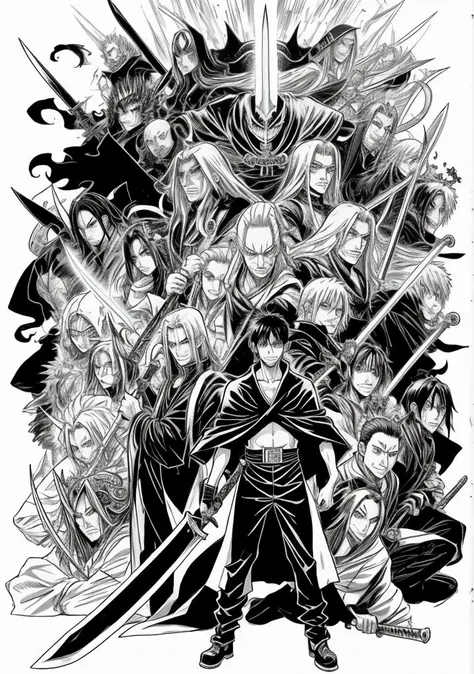 oldman, full body, close up,
Sketch a team of soul reapers wielding otherworldly swords against menacing spirit
art by Eiichiro Oda style