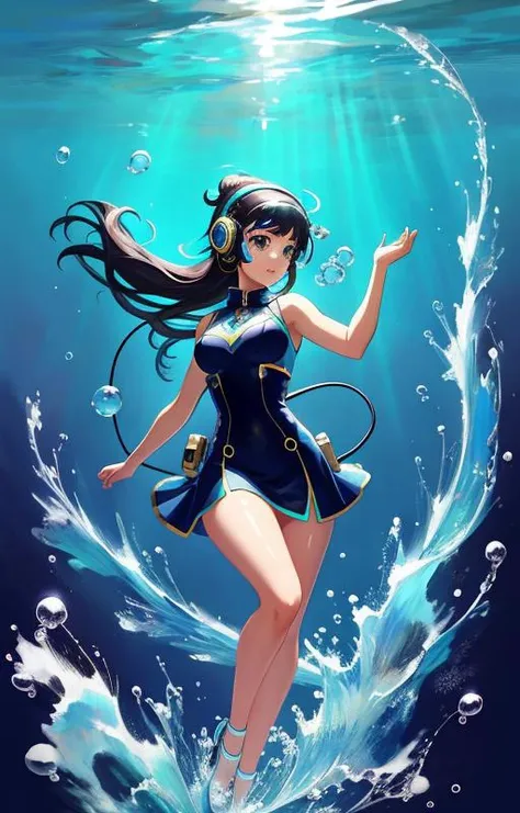 a painting of a woman with headphones in her hair, underwater bubbles background, drawn in the style of artgerm, front page of art station, video game characters designs
art by Shuichi Shigeno