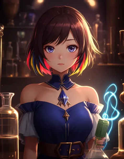a reb head magic woman,complex magic laboratory background,multicolor magic soft body particls animation cluster effect,ambient light,closeup,