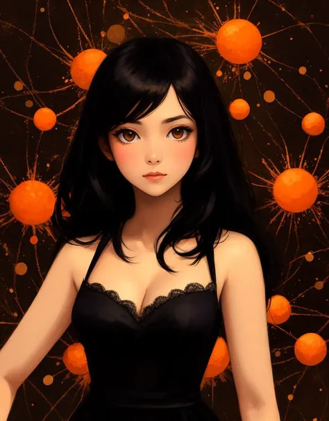 a woman,complex background,orange cluster,