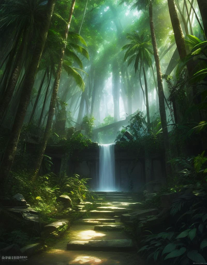a magic woman,Tropical jungle and ruins complex bacground,multicolor magic soft body particls animation cluster effect,ambient light,closeup,by Artist Shiro Amano,